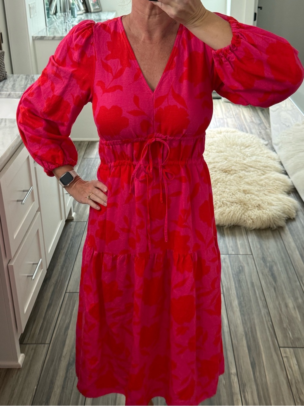 V-Neck Long Sleeve Floral Midi Dress in Hot Pink and Red